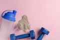 Protein powder, shaker and dumbbells on pink background, flat lay. Space for text Royalty Free Stock Photo
