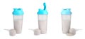 Protein powder, shaker and measuring scoop on white background, collage Royalty Free Stock Photo
