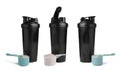 Protein powder, shaker and measuring scoops on white background, set Royalty Free Stock Photo
