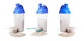 Protein powder, shaker and measuring scoops on white background, set Royalty Free Stock Photo
