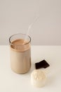 Protein shake, drink with protein rice powder with glass straw. Royalty Free Stock Photo