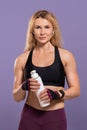 Protein shake for muscle, water for training and body care at workout