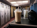 Protein shake and shaker bottle sit on a bench in a locker room, ready for post workout recovery Royalty Free Stock Photo