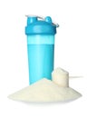 Protein shake in sport bottle and powder isolated Royalty Free Stock Photo