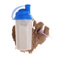 Protein shake in sport bottle and powder on white background Royalty Free Stock Photo