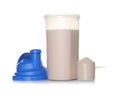 Protein shake in sport bottle and scoop Royalty Free Stock Photo