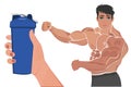 Protein shaker and posing bodybuilder, vector illustration