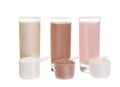 Protein shakes and different types of powder on white