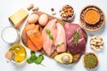 Protein sources - meat, fish, cheese, nuts, beans and greens. Royalty Free Stock Photo