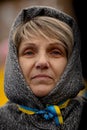 Protest against war in Ukraine and Russia`s invasion. Portrait of a woman at demonstration Stand with