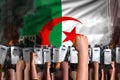 mutiny stopping concept - protest in Algeria on flag background, police squad stand against the protestors crowd - military 3D