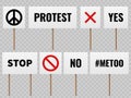 Protest banners. Posters for protester people on political strike. Peace, no war and mee too slogans vector concept