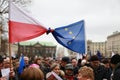 European union and polish flag tied in one, The protest Committee the Defense of Democracy(KOD), Poznan, Poland Royalty Free Stock Photo