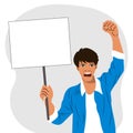 Protest concept. Angry man protesting with a white placard and a raised fist. Illustration for text, poster. Royalty Free Stock Photo