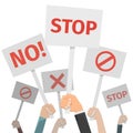 Protest concept. Hands holding different signs, No or stop, cross and forbid