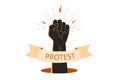 Protest concept. Raised fist with protest text on arch gold ribbon or banner. Demonstration, revolution, fighting for rights and Royalty Free Stock Photo