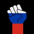 Protest fist in the colors of the Russian flag. Rised hand. Flat vector illustration isolated on black