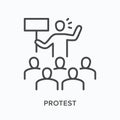Protest flat line icon. Vector outline illustration of people crowd on demonstration, activist with banner. Strike thin