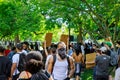 Protest after George Floyd death, Black Lives Matter group standing against White House president Donald Trump
