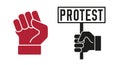 Protest hand holds placard and rased fist. Vector illustration
