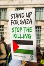 Protest messages on placards and posters at the Gaza: Stop The Massacre rally in Whitehall, London, UK.