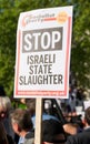 Protest messages on placards and posters at the Gaza: Stop The Massacre rally in Whitehall, London, UK.