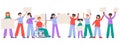 Protest movement, diversity activist characters, social community. Protesting people standing in row vector illustration