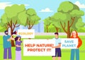 Protest for nature ecology, vector illustration, flat people character hold banner with save planet, protect environment Royalty Free Stock Photo