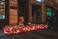 Lublin, Poland - October 23, 2020 - Women placing grave candles at the doors to local politicans office of ruling party in Poland