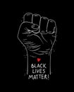 Protest poster with text Black lives matter, BLM and with raised fist. Concept of no racism. Vector illustration