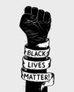 Protest poster with text BLM, Black lives matter and with raised fist. Vector illustration EPS10