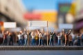 Protest scene aggressive people, fists raised, viewed from behind