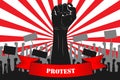 Protest. Silhouette of a raised fist with a ribbon that says PROTEST, against the backdrop of protesting people. Vector