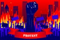 Protest. Silhouette of a raised fist with a ribbon that says PROTEST, on the background of protesting people and burning city,