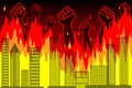 Protest. Silhouettes of raised fists protesting against the backdrop of a burning city, skyscrapers. Vector