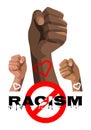 Protest stop racism with fist on isolated background. Black Lives Matter print. Human rights violation. Multicolored