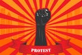 Protest Vector illustration. Silhouette of a raised fist with a ribbon with inscription PROTEST