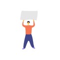 Protester man with blank placard. Male activist standing at picket with cardboard. Vector flat illustration