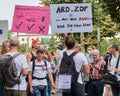 Protesters at the Anticorona demonstration with posters questioning the objectivity of public television stations Royalty Free Stock Photo