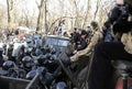 Protesters attacking line of police from a truck. Grushevskogo street near Ukrainian parliament. Revolution of Dignity, the