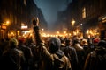 Protesters behaving violently, fighting, damaging buildings and vehicles. Angry mob protesting on the street. People participating Royalty Free Stock Photo