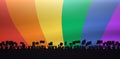 protesters crowd silhouette holding placards lgbt demonstration rainbow flag background gay lesbian love parade