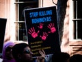 Protesters demand UN to stop killing genocide of Muslims Rohingya in Myanmar.