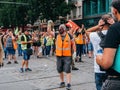 Protesters, employees of SNCF public French train system from CGT union organize