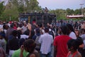 Protesters gather in front of police riot line