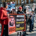 Protesters gather outside Downing Street in central London to voice opposition to the visit of the Saudi Crown Prince
