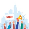 Protesters hands holding protest signs, crowd of angry people. Vector illustration