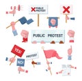 Protesters holding posters, placards, banners, flags vector