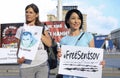 Protesters marching and holding broadsheet demanding to free Ukrainian citizen Oleg Sentsov from prison in Russia