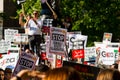 Protesters with placards at the Gaza: Stop The Massacre rally in Whitehall, London, UK.